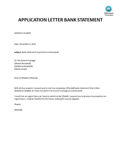 免费 Application Letter For Bank Statement 样本文件在