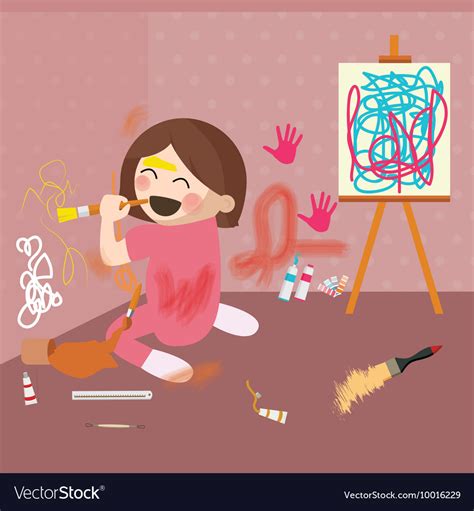 Girl Doodling Drawing On Wall Messy House Vector Image
