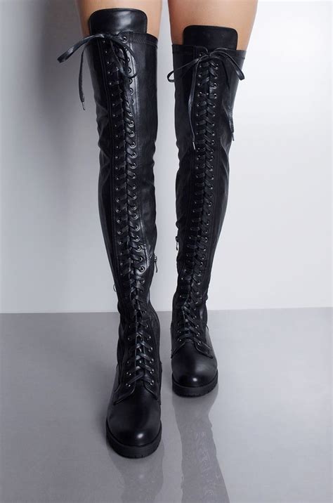 Azalea Wang Faux Leather Thigh High Lace Up Flat Combat Inspired Boot In Black Thigh High
