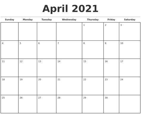 April 2021 Monthly Calendar Template