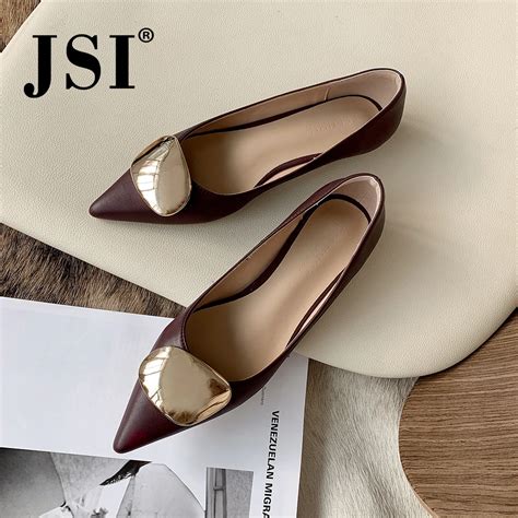Jsi Office Shallow Women Flats High Quality Cow Leather Metal