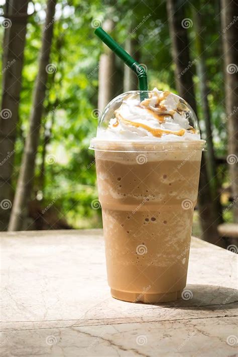 Coffee Blend In Plastic Cup Served With Whipped Cream Topping Stock