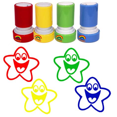 Teacher Stamps Star Smiles 4 Stamp Set Green Blue Red Yellow Ink