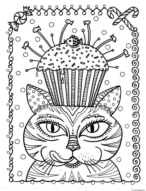 Adult Cat Cup Cake By Deborah Muller Coloring Pages Printable