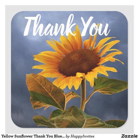 Yellow Sunflower Thank You Blue Floral Heart Square Sticker In 2021