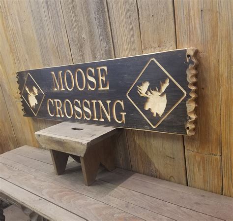 Moose Crossing Rustic Carved Wood Sign Cabin Décor Lodge Décor Home