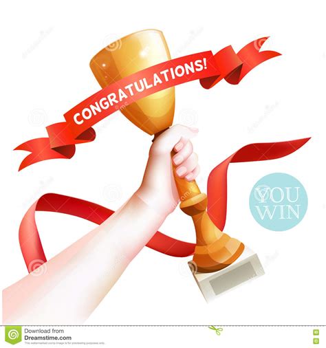Hand Holding Up Trophy Vector Winner Cup Illustration With Red Ribbon