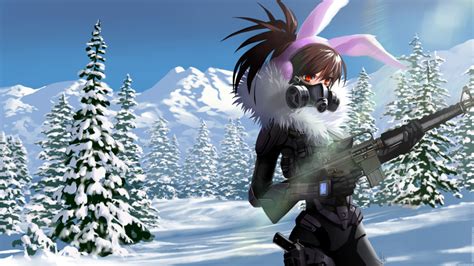 Wallpaper Anime Girl Gun Armored Gas Mask Bunny Ears Snow Mountain Winter Wallpapermaiden