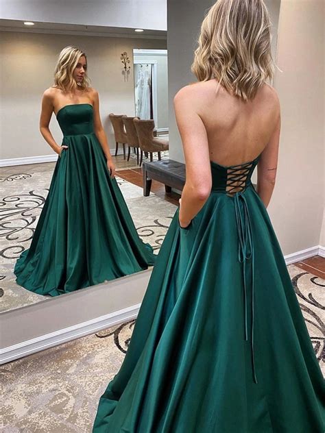 Strapless Backless Emerald Green Long Prom Dresses With Pocket Backle