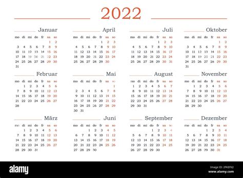 2022 Year Calendar In German Horizontal Vector Editable Template