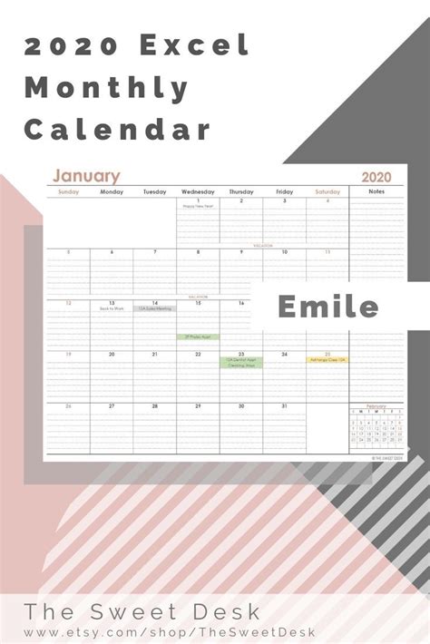 Printable Minimalist Calendar 2020 Excel Template Editable Monthly