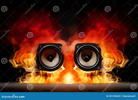 Pair Of Acoustic Audio Speakers In Burning Fire Flames Generative Ai