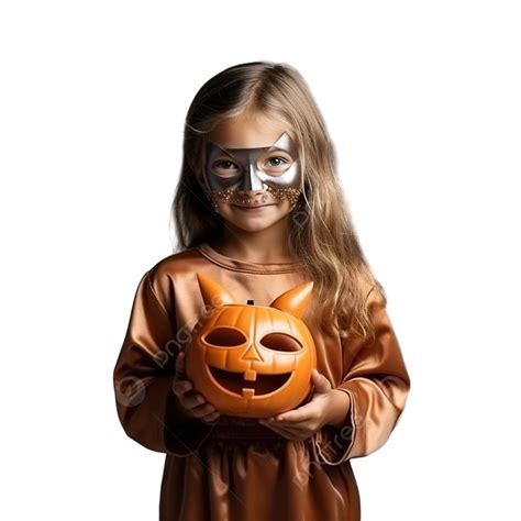 retrato de uma menina mascarada com abóbora de brinquedo em pé no escuro na festa de halloween