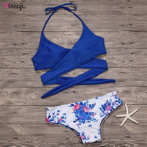 2017 Sexy Criss Cross Bandage Bikini Women Swimsuit Floral Swimwear Halter Bikini Set Beach