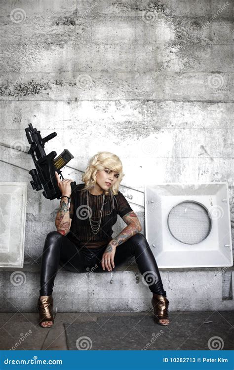 Stylish Woman With Assault Gun Stock Photos Image
