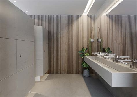 The standards do not directly specify the size of bathrooms which is determined by the layout, the type and number of fixtures, and other factors and design choices. Natural Inspiration Corian® Public Bathroom | Corian