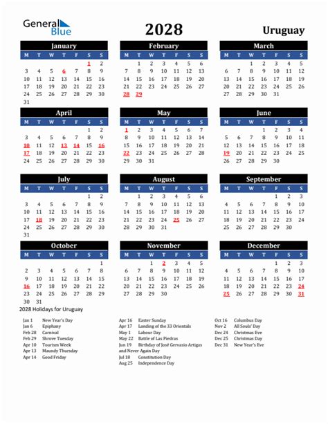 2028 Holiday Calendar For Uruguay Monday Start