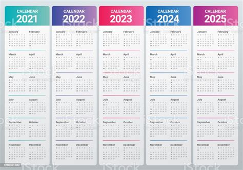 Jahr 2021 2022 2023 2024 2025 Kalender Vektordesignvorlage Stock Vektor