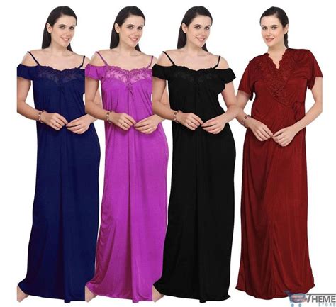 Womens Satin Lace Ladies Long Nightdress Nighty Chemise Lace Detailed 2 Pcs Set Ebay Night