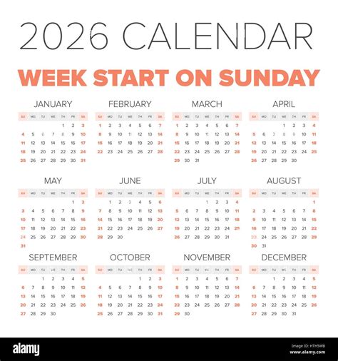 Simple 2026 Year Calendar Week Starts On Monday Stock Vector Image