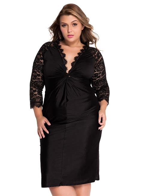 Black Xxl Plus Size Cocktail Dress With Lace Sleeves Chicuu