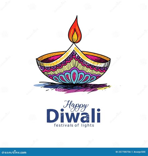 Happy Diwali Indian Festivals Of Light With Outline Diya Stock Vector