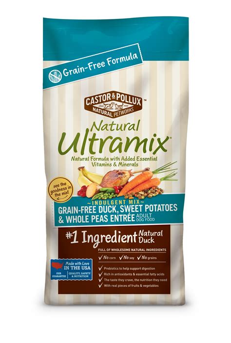 Fiber from peas and pumpkin for digestive health. Castor and Pollux Ultramix Grain Free Duck Sweet Potatoes ...