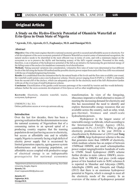 Pdf A Study On The Hydro Electric Potential Of Olumirin Waterfall At