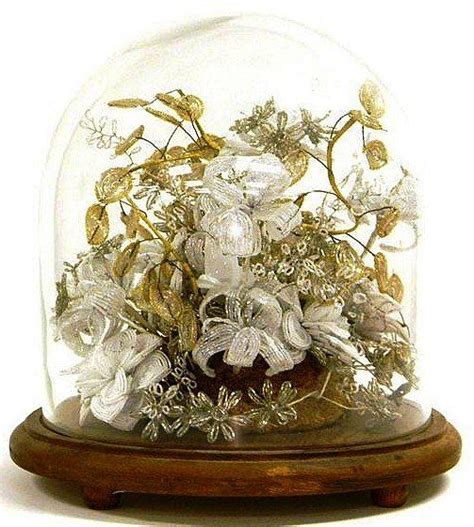 Victorian Glass Dome With Victorian Gold Flowers 14in Lot 333