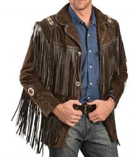 Mens Brown Suede Leather Scully Fringed Cowboy Style Western Jacket