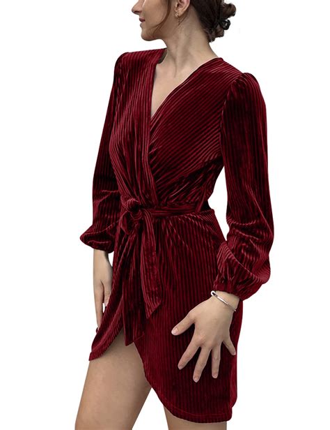 Cozypoin Mother S Day Womens Long Sleeve Wrap Velvet Dress Sexy V Neck Mini Dress Cocktail Party