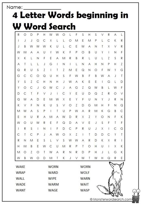 4 Letter Words Beginning In W Word Search Monster Word