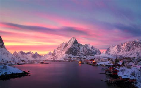 Lofoten Norway The Fishing Village Of Reine At Dusk Hd Wallpapers For