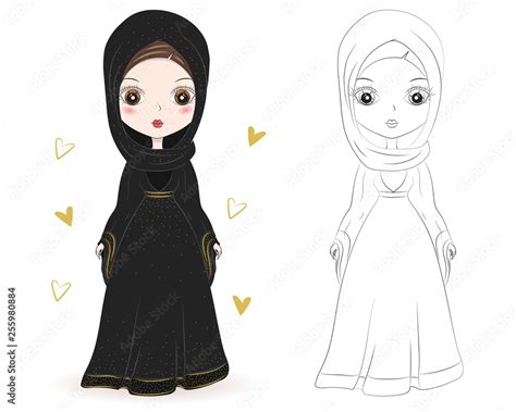 Set Of Hand Drawn Traditional Arabic Woman In Hijab On White Background