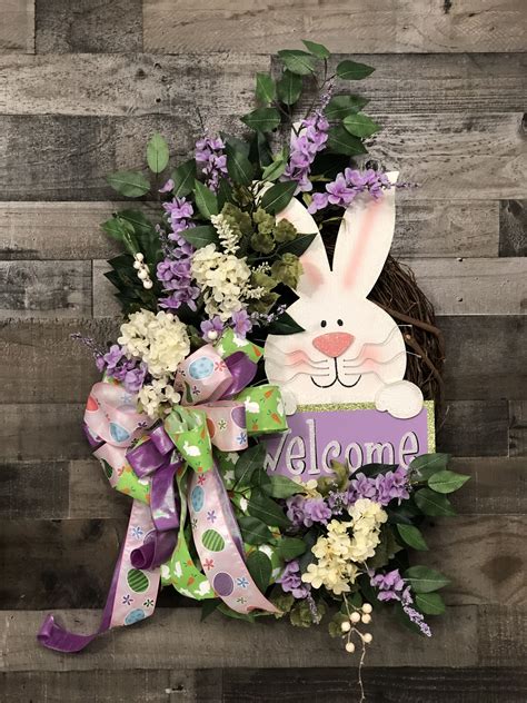Welcome Easter Bunny Grapevine Wreath Wooden Rabbit Sign Etsy