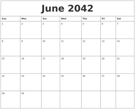 June 2042 Blank Calendar To Print