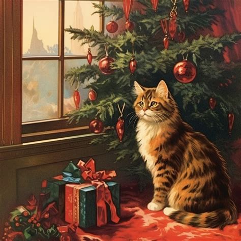 Vintage Cat By Christmas Tree Free Stock Photo Public Domain Pictures