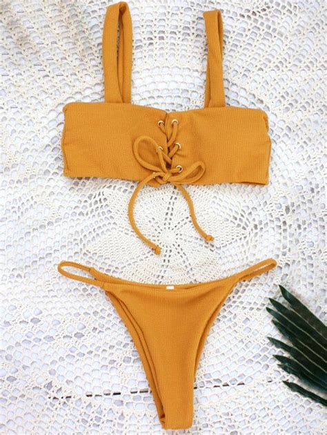 Ribbed Straps Thongs Bikini Set 45 Off Rosegal