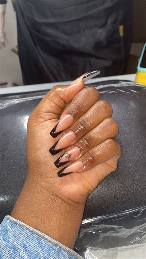 Dark Brown Skin Black Nails With Glitter White Tip Nails Green