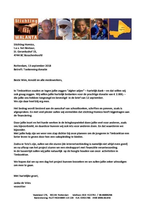 Bedankbrief Stichting Homico Toezegging Donatie Homico