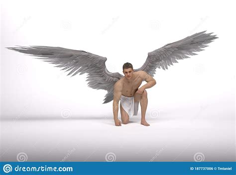 3d Render The Portrait Of Male Angel Kneel Down With The White