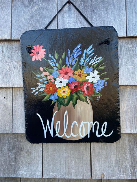 Hand Painted Slate Sign Spring Welcome Sign Front Door Slate Spring