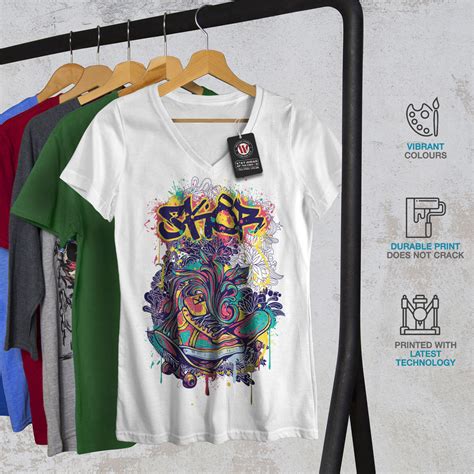 Wellcoda Fashion Graffiti Street Womens V Neck T Shirt Urban Graphic Design Tee Ebay