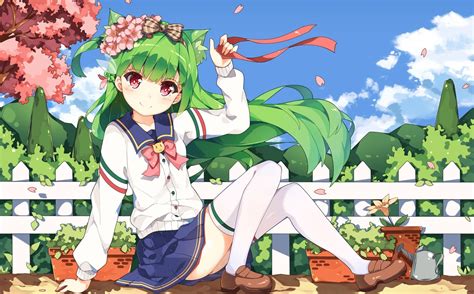 Wallpaper 1611x1000 Px Animal Ears Green Hair Highs Red Eyes Red