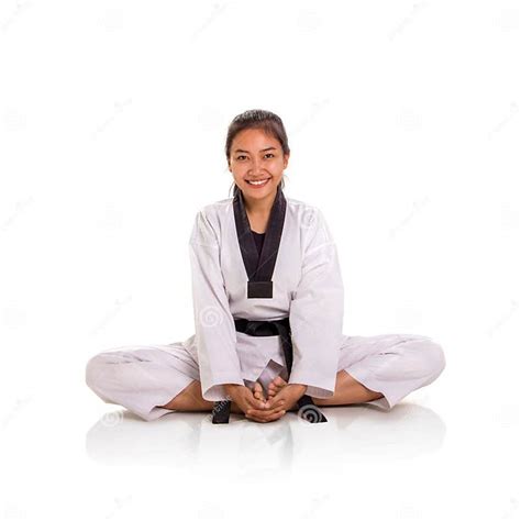 Attractive Smiling Asian Karateka Girl Sitting In Lotus Position Stock Image Image Of Body
