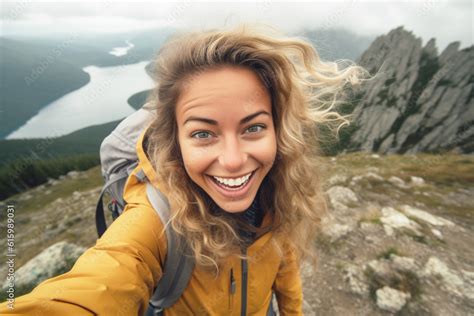 Smiling Female Hiker Taking A Selfie In Front Of Mountain Landscape