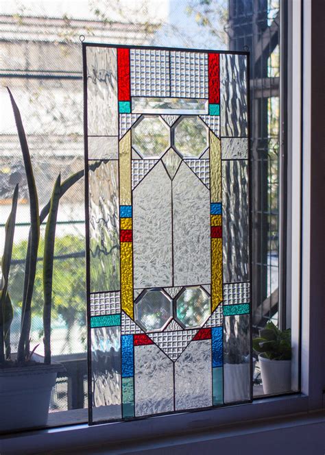 Frank Lloyd Wright Insprd Geometric Tiffany Style Stained Glass Window