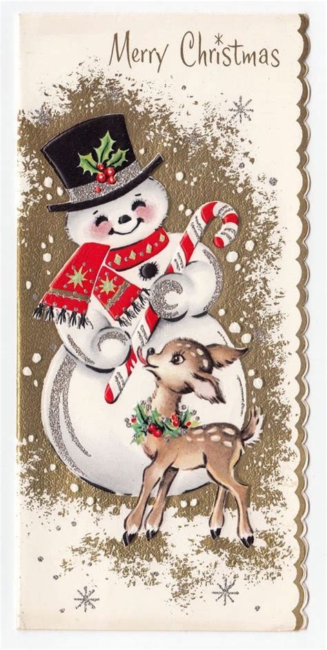 Vintage Greeting Card Christmas Cute Snowman Deer Reindeer Candy Cane