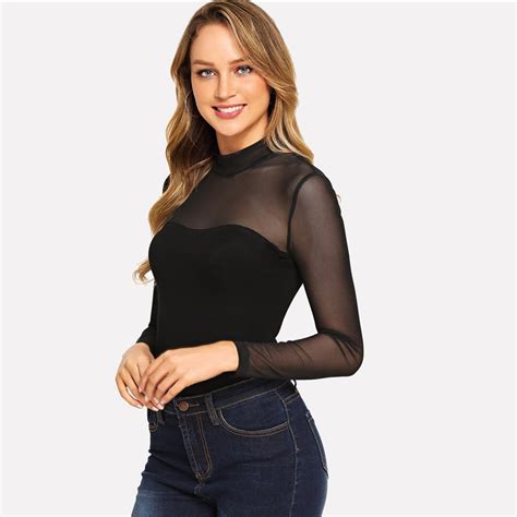 womens jumpsuits and rompers colrovie solid mock neck mesh sheer skinny black night out bodysuit