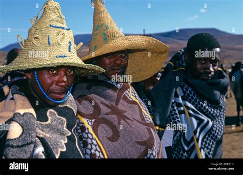 Men Wearing Hats And Basotho Blankets In Rural Lesotho Africa Stock